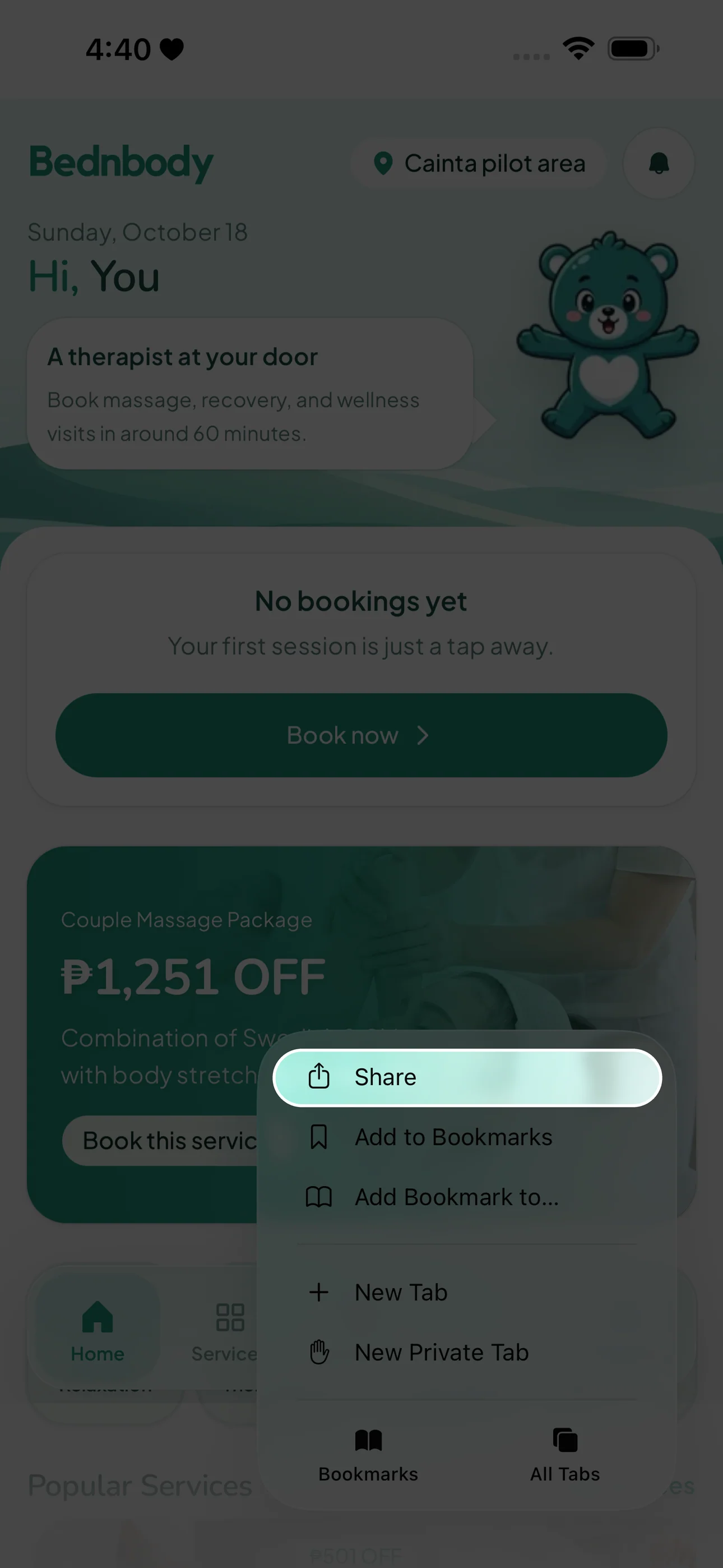 Safari menu with Share highlighted.