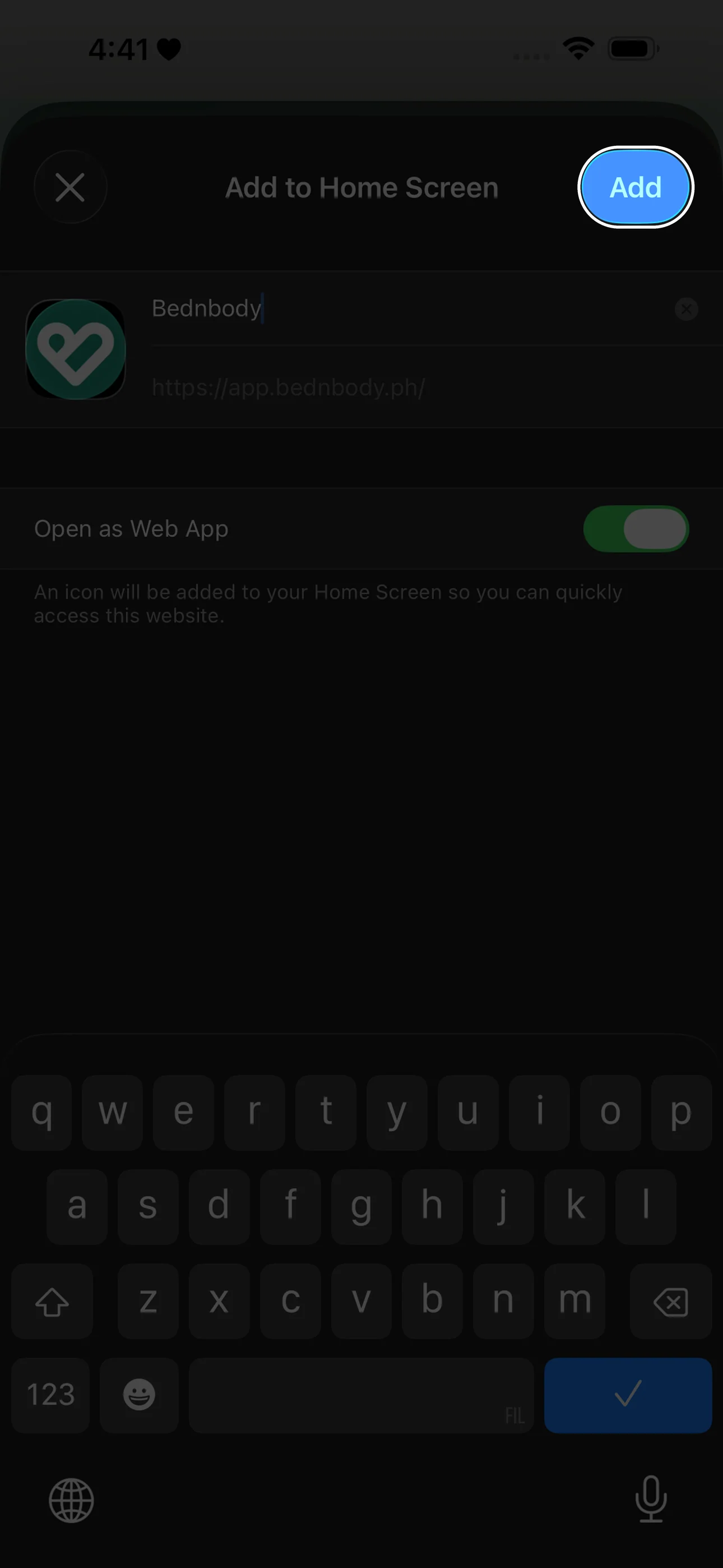 iPhone Add to Home Screen dialog with Add highlighted at the top right.