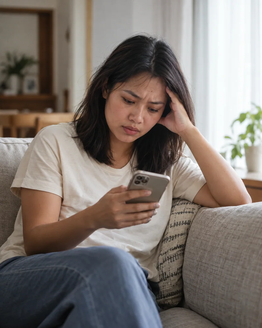 Woman at home looking frustrated while waiting for a massage booking reply on her phone
