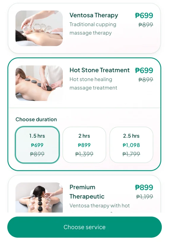 App screen showing massage services and duration choices