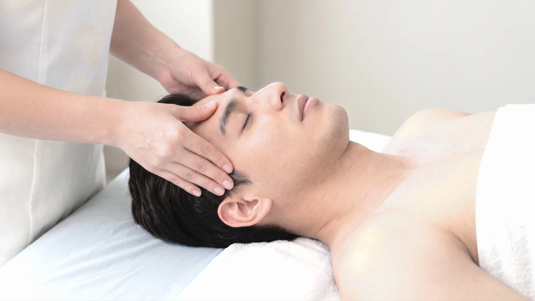 A client enjoying a professional head massage at home
